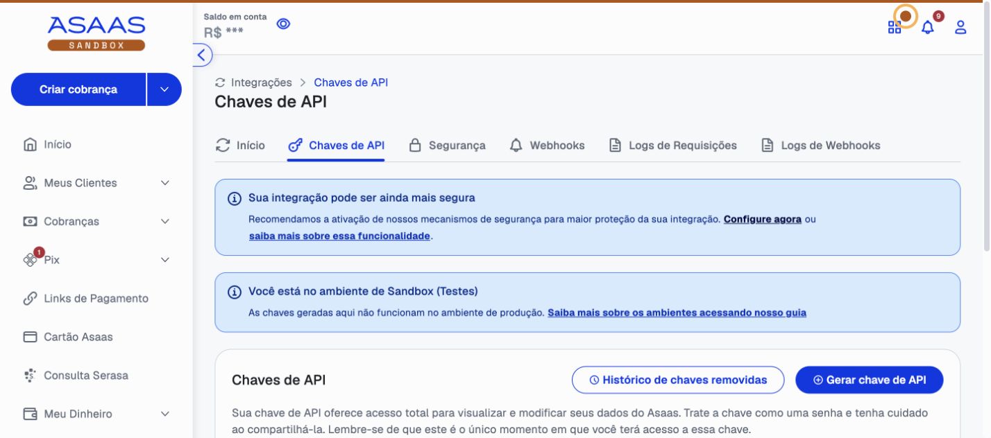 Tela Chaves de API do Asaas exibindo o aviso de ambiente Sandbox