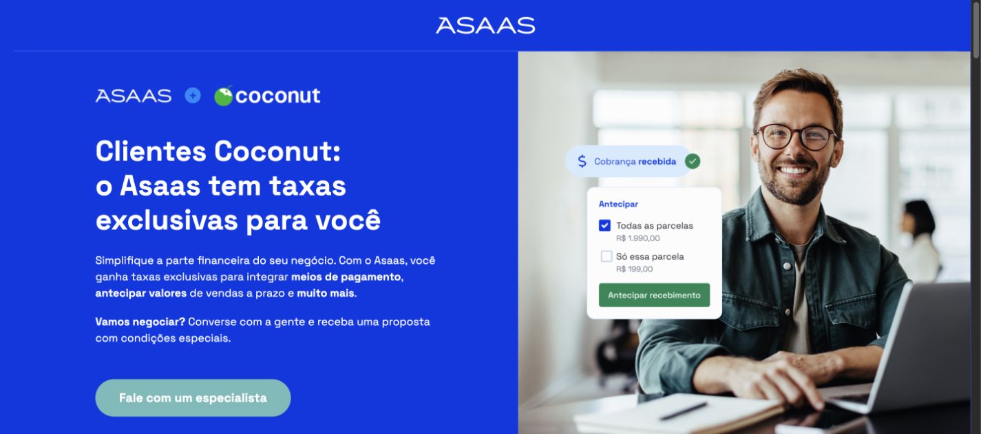 Landing page da parceria Coconut e Asaas com o botão Fale com um especialista