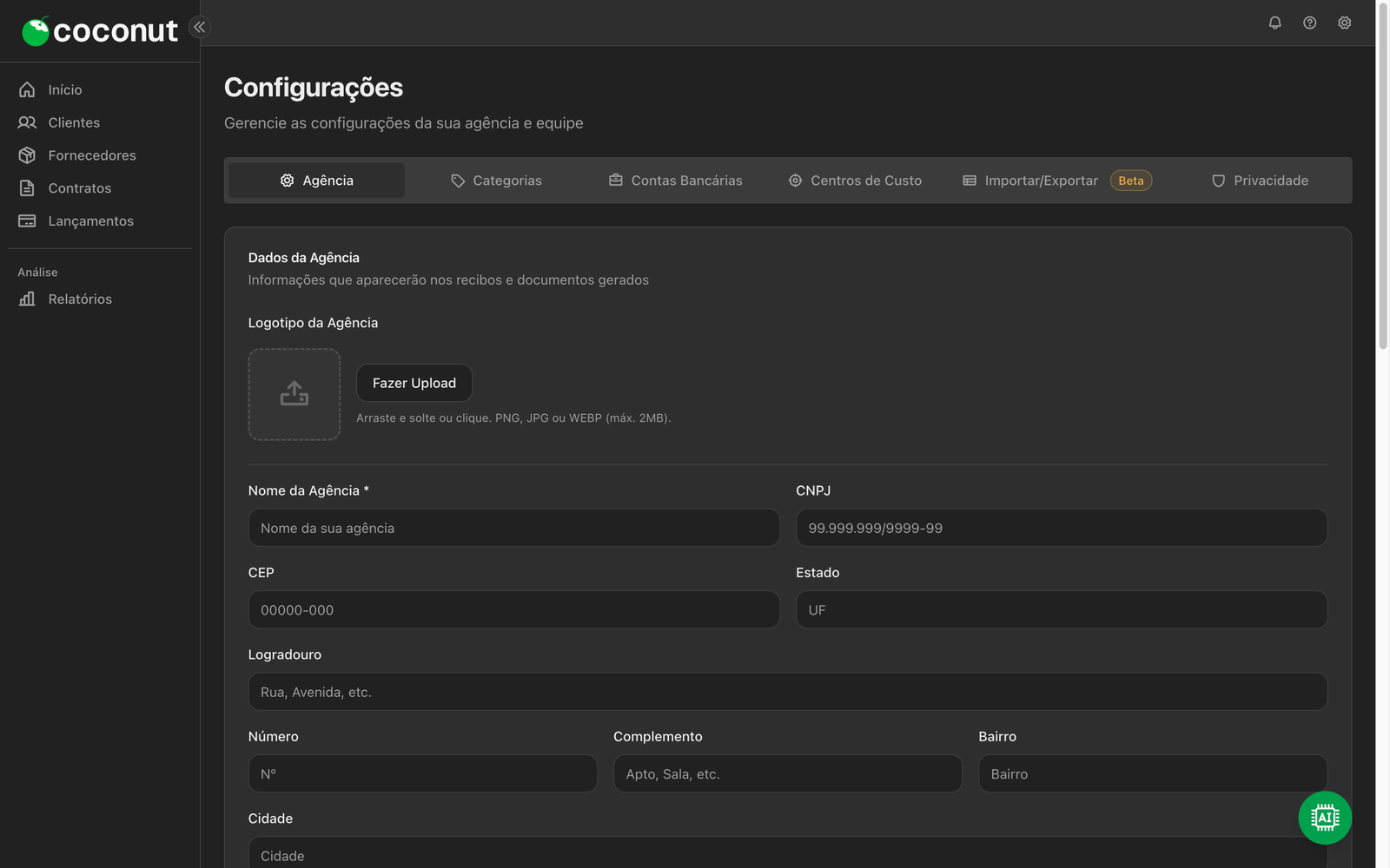 Tela de configurações com abas Agência, Categorias, Contas Bancárias e mais