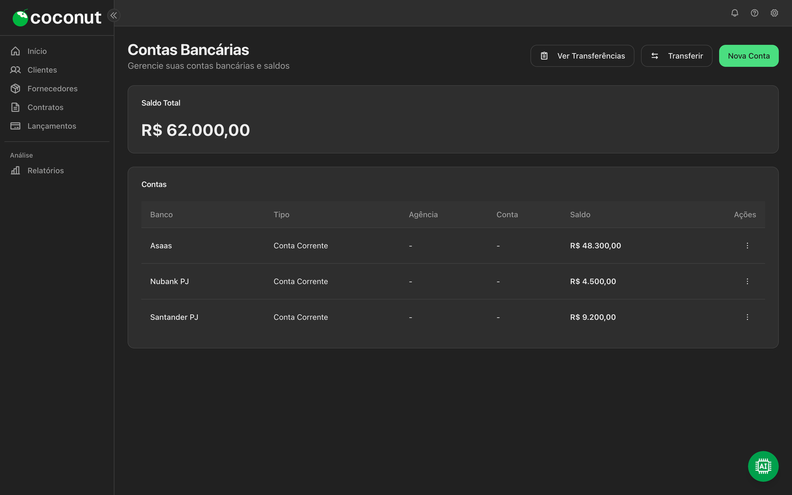 Tela de contas bancárias dentro de Configurações