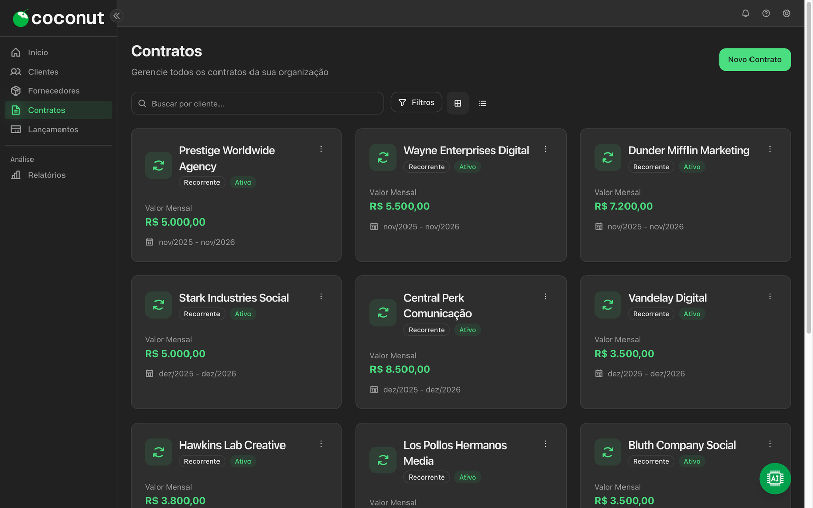 Lista de contratos com valor mensal e período