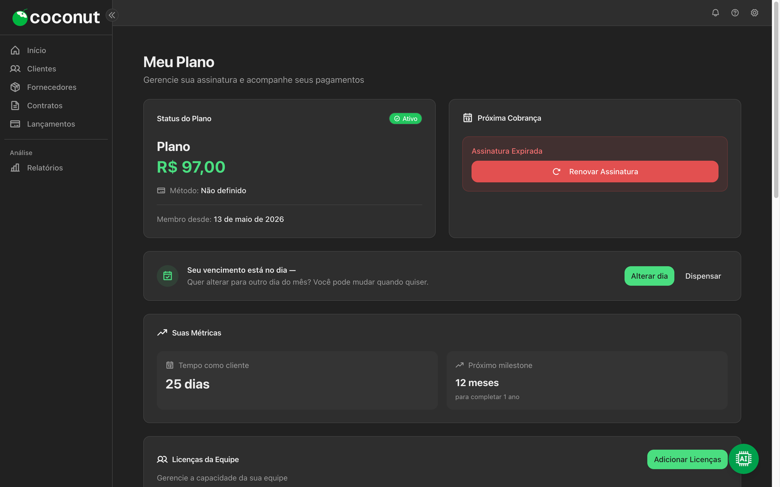 Tela Meu Plano com Status do Plano e Próxima Cobrança